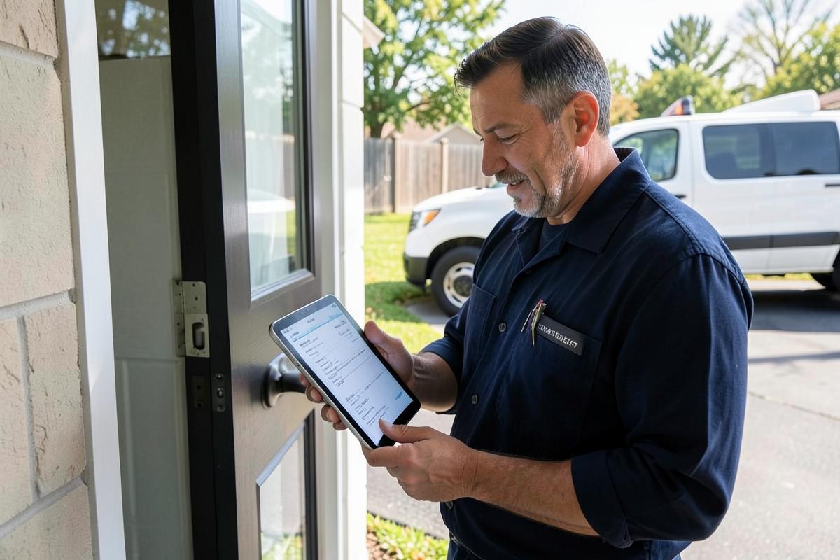 Home & Field Services business interior with a staffed checkout counter taking card payments