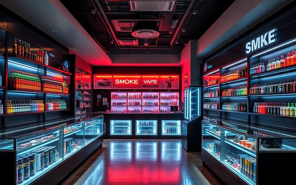 Smoke & Vape Shops business interior with a staffed checkout counter taking card payments