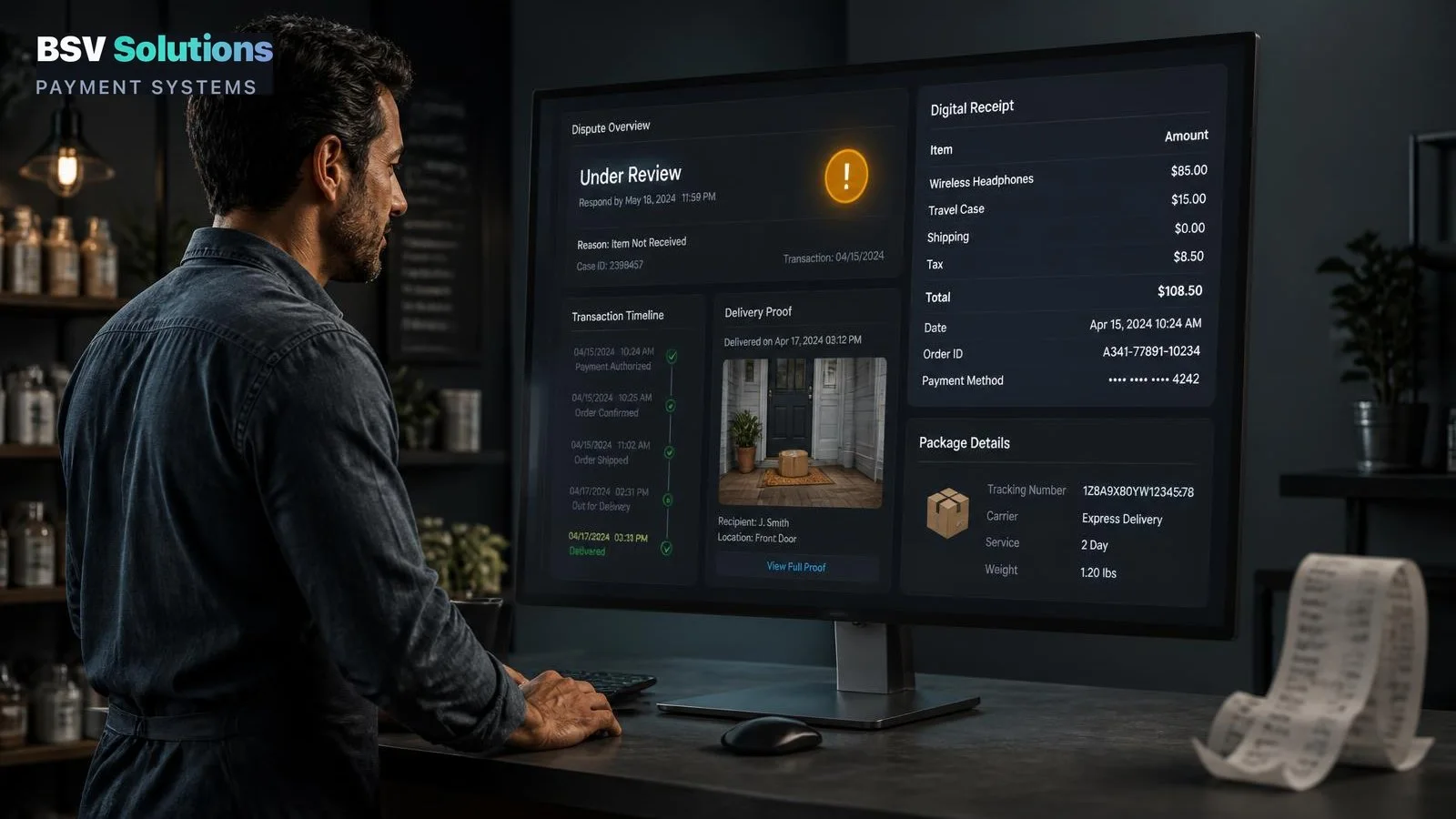 Merchant using digital receipts and a dispute dashboard to track, prevent and respond to chargebacks.