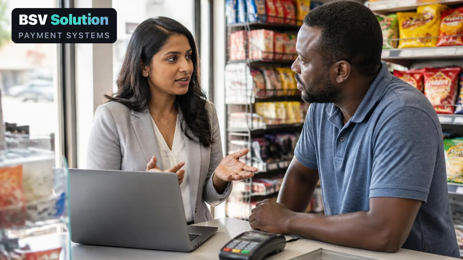 A merchant reviewing PCI compliance requirements on a laptop beside a card payment terminal, with the BSV Solution logo