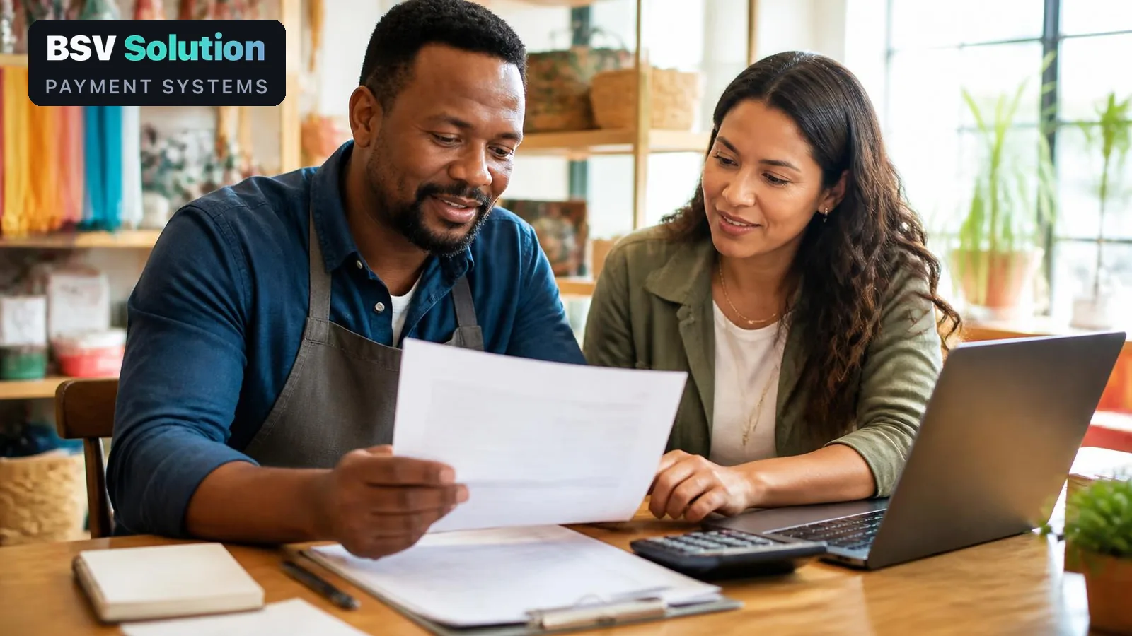 A business owner reviewing a merchant processing statement with a calculator and laptop, with the BSV Solution logo