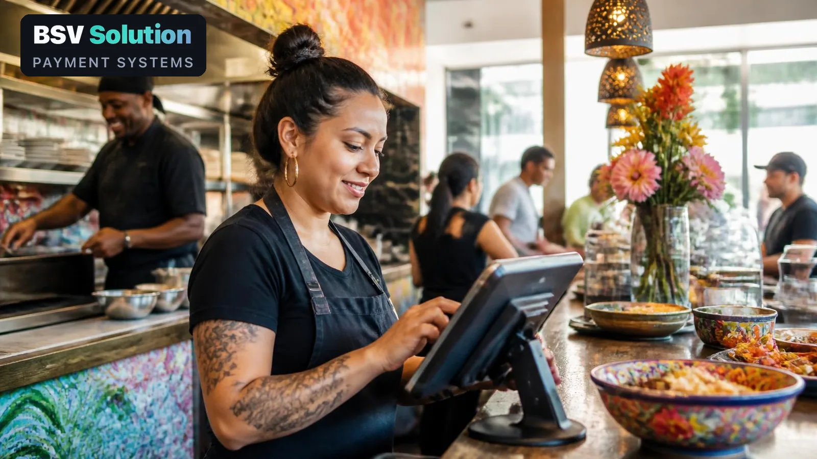 A restaurant server taking an order on a tablet point-of-sale terminal at the counter, with the BSV Solution logo