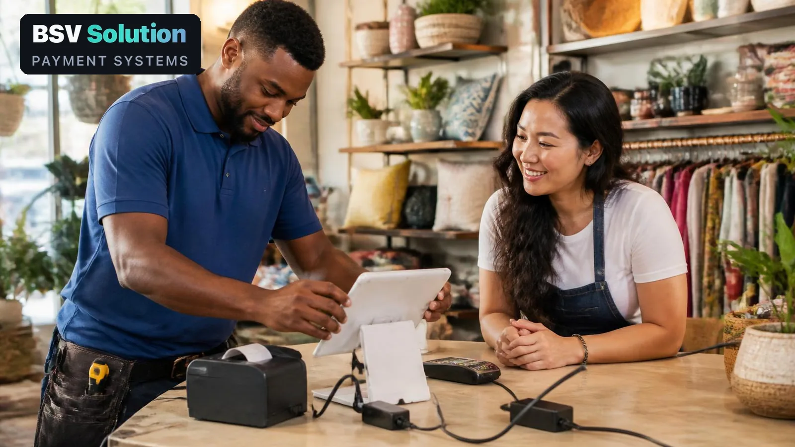 A shop owner and technician setting up a new point-of-sale terminal on a retail counter, with the BSV Solution logo