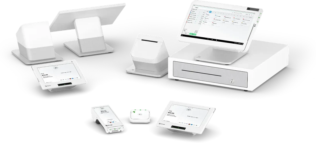 Clover device family: station with cash drawer, customer-facing display, receipt printer, handheld terminal, card reader and mini terminals