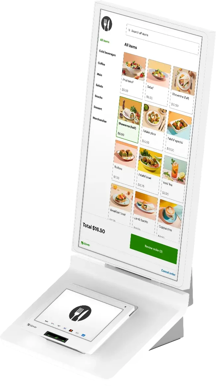 Clover Kiosk self-ordering screen showing a café menu with item photos and an order total