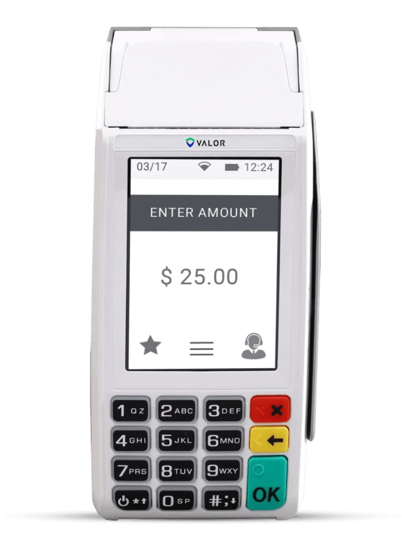 Valor VL110 terminal shown from the front, sold and supported by BSV Solution