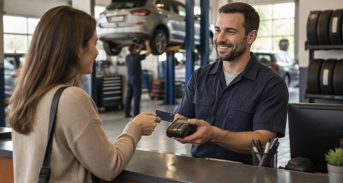 Service advisor at an auto shop counter handing a card terminal to a customer paying with a contactless card, with a tire and repair bay behind them